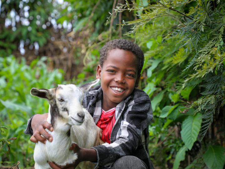 Babi, age 9, holds one of his family's young goats.