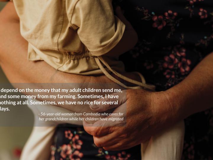 I depend on the money that my adult children send me, and some money from my farming. Sometimes, I have nothing at all. Sometimes, we have no rice for several days.  - 56-year-old woman from Cambodia who cares for  her grandchildren while her children have migrated