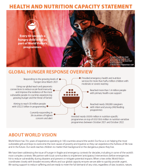 This is the first page of GHR's updated Health and Nutrition Capacity Statement, including information around interventions, experience, and donor and partners.
