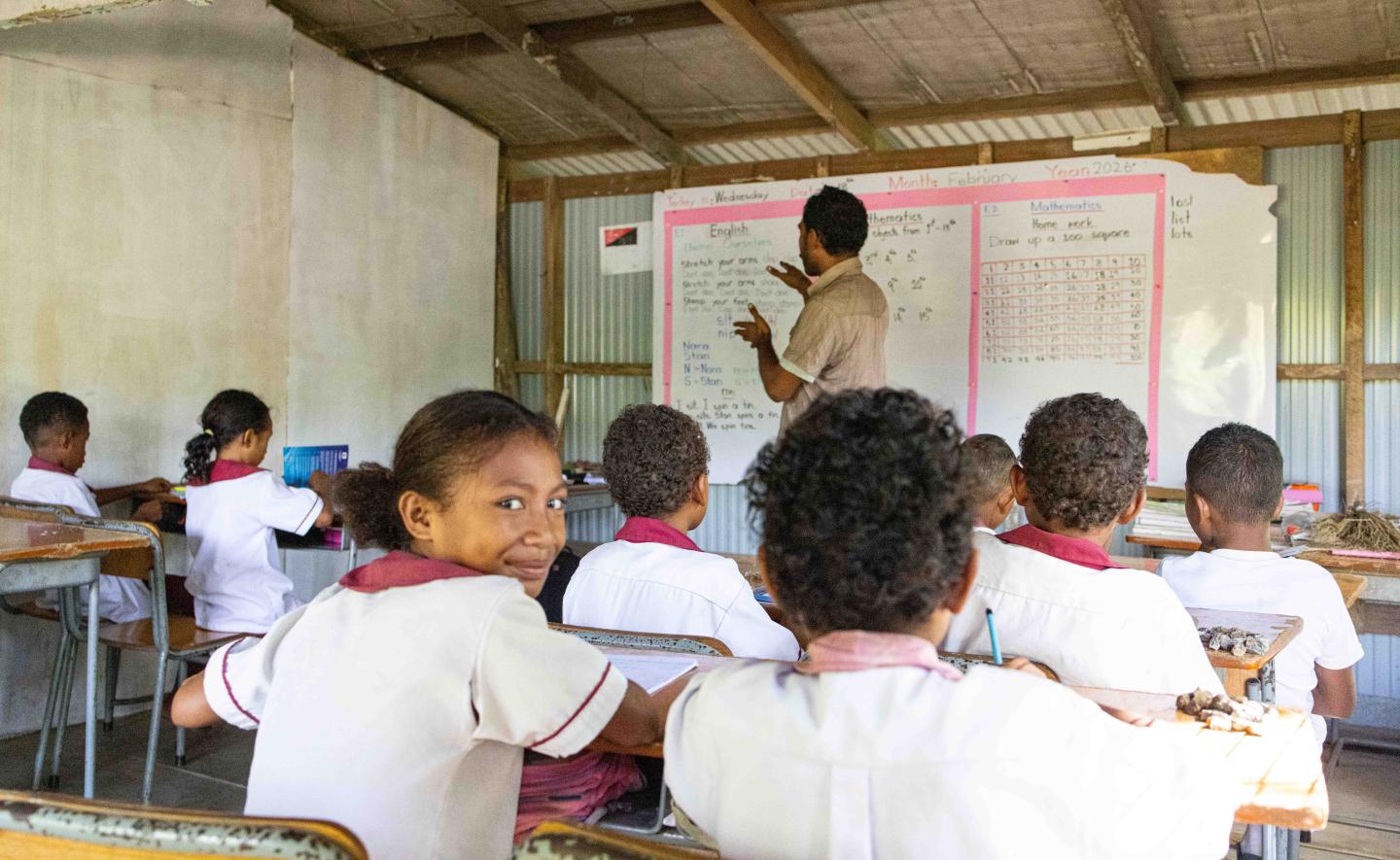 Students participating in a lesson led by Mr. Raka at Gidobada Elementary School