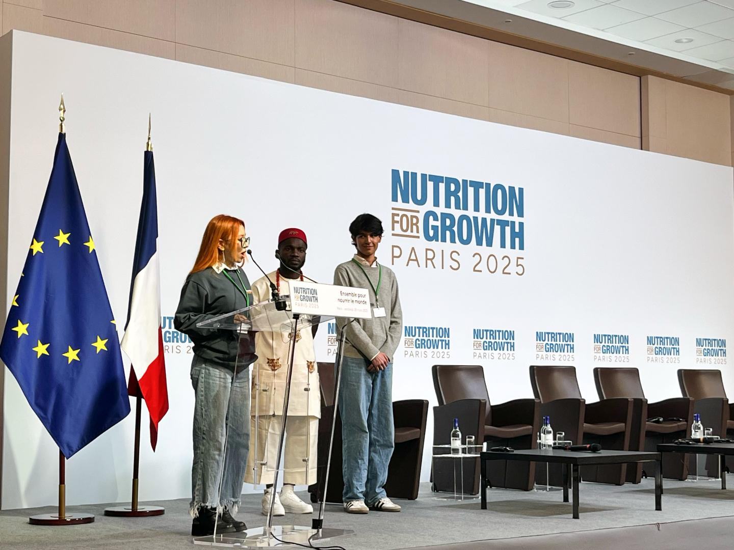 Youth advocates addressing delegates at the Nutrition for Growth Summit 2025 in Paris.