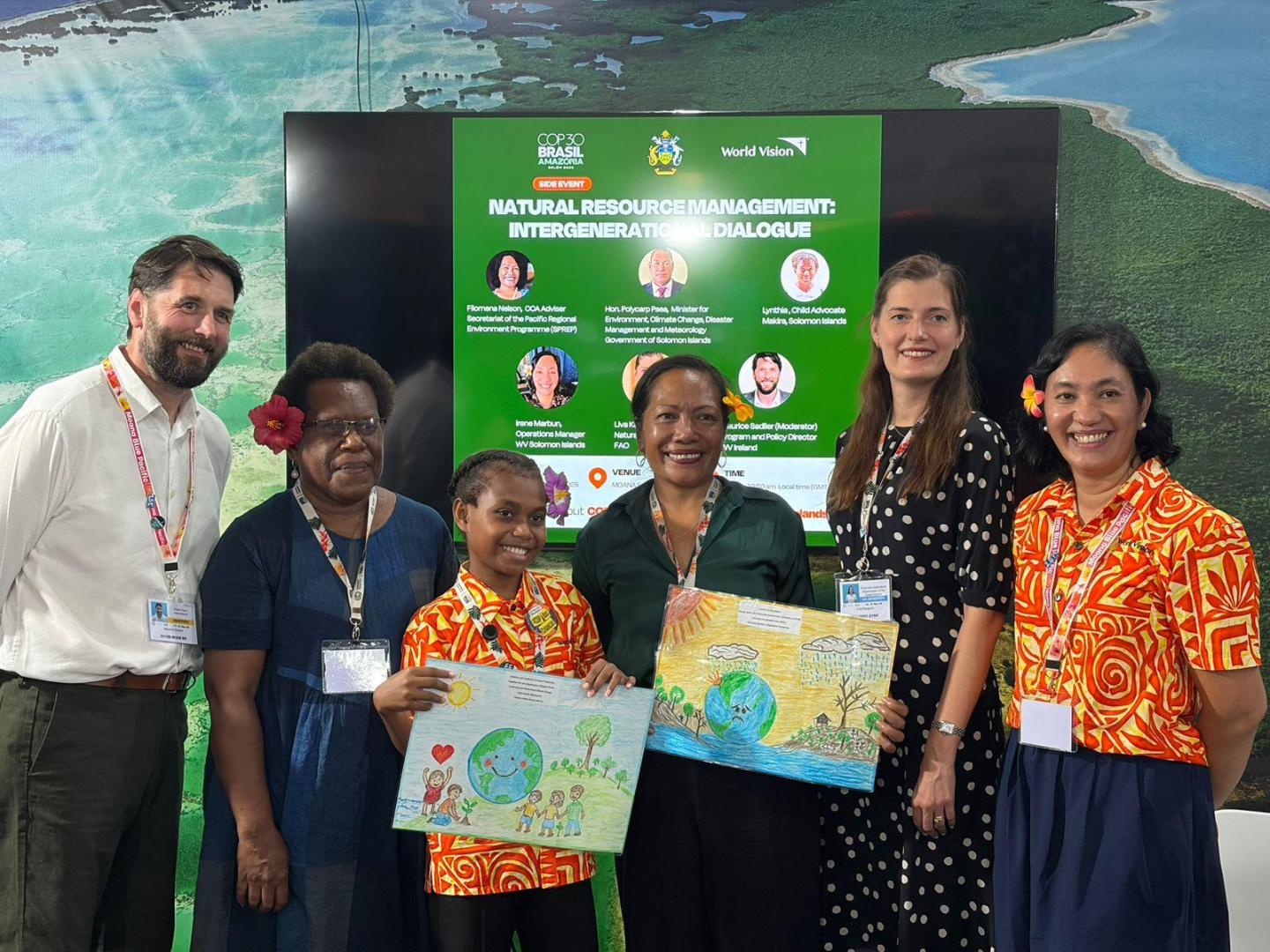 Linthy with the World Vision delegation after a presentation at COP30 in Brazil.