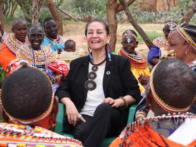 Reena Ghelani, the UN Assistant Secretary-General in charge of Famine Prevention and Response interacts with women who have benefitted from World Vision drought resilience interventions.  They have established alternative livelihoods that cushion them from the adverse effects of drought. ©World Vision Photo.