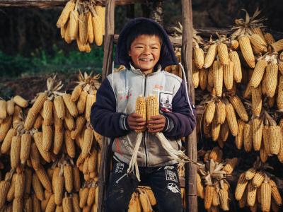 A child standing next to corn