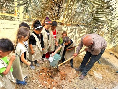 Palestinian children and their teacher plant a tree in the West Bank