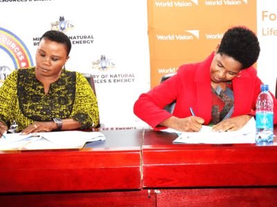 World Vision Eswatini National Director Tinah Mukunda and Ministry of Natural Resources Principal Secretary signing the MoU between WVE and the Government of Eswatini.