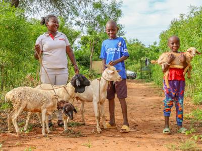 Nduku Mutisya and her two sons proudly hold their goats and sheep bought with savings and loans from their Wendo Wa Kiange VSLA in Mutomo, Kitui County.© World Vision Kenya/ Jared Ontobo
