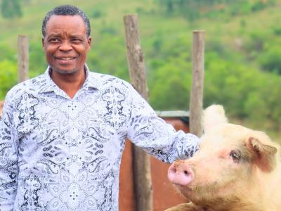 Pastor Ngozo with one his pigs that are ready to be sold to a local butchery. 