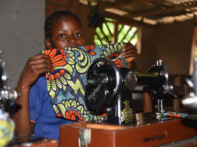 Carine in her sewing workshop