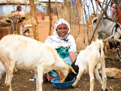 Firi feeding her goats smiling
