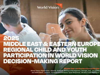 A young participant sits in a group setting and gives a thumbs-up gesture during a youth engagement activity. The image appears on the cover of the 2025 Middle East & Eastern Europe Regional Child and Youth Participation in World Vision Decision-Making Report.