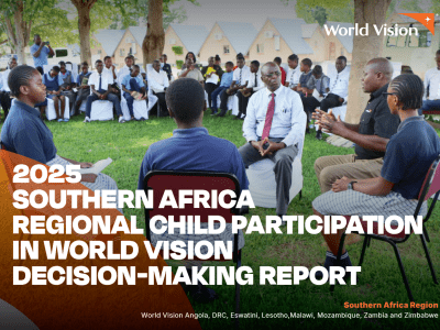 Children and adults participate in a community dialogue outdoors, seated in a circle and discussing ideas together. The image appears on the cover of the 2025 Southern Africa Regional Child Participation in World Vision Decision-Making Report.