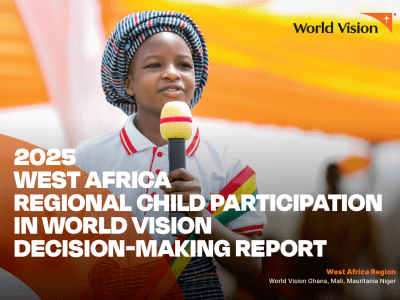A child speaks into a microphone during a public event, representing children’s participation in decision-making. The image appears on the cover of the 2025 West Africa Regional Child Participation in World Vision Decision-Making Report.