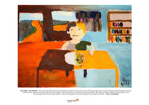 A painting done by Duc, age 13, of a table split in half. One side shows a happy child with a plate full of food. The other side shows a sad child with an empty plate.