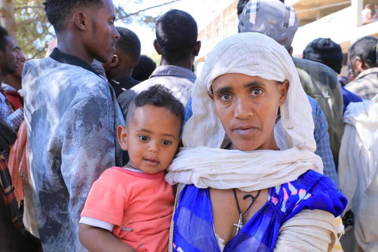 Young mother in Ethiopia who has been displaced by the conflict