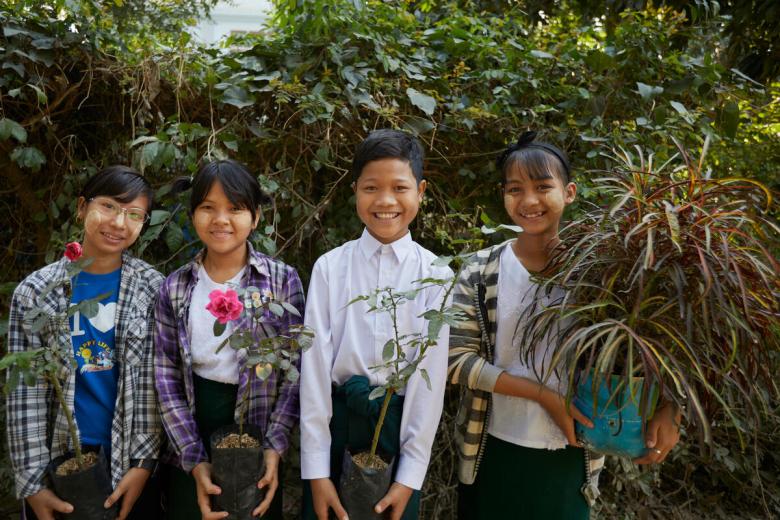 kids with plants in Burma