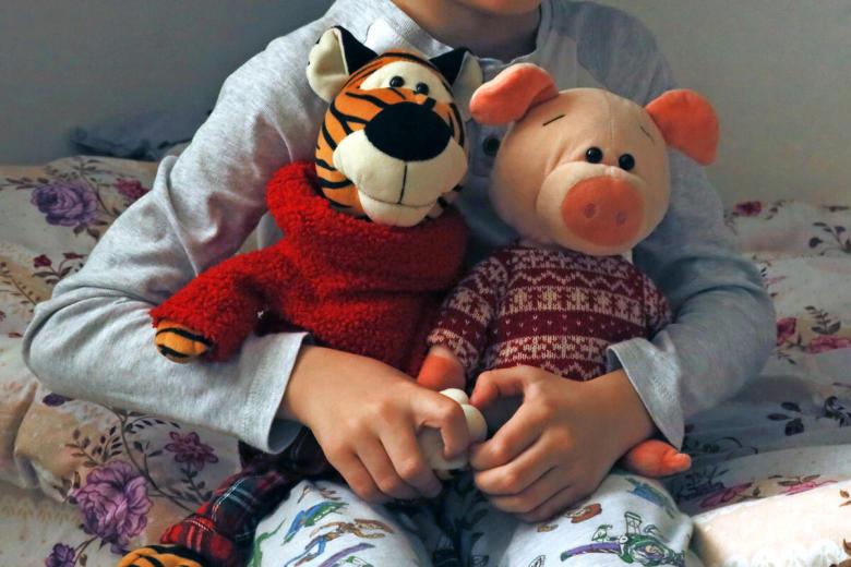 Child holding stuffed animals