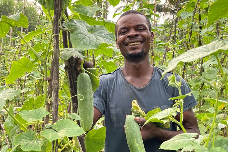 Adolph is one of the members of Kimbanseke community who benefited from the World Vision support in agricultural inputs and farming tools that allowed him to do market gardening and today he is able to take care of his children