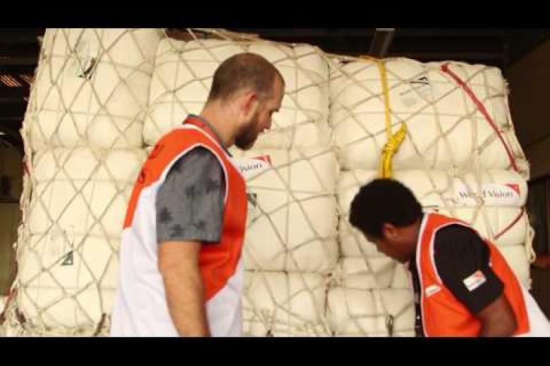 World Vision Highlands earthquake relief supplies arrive in Port Moresby.