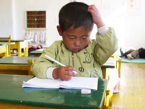 A young boy reads a book in school