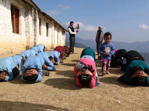 Children practice risk training in rural Nepal