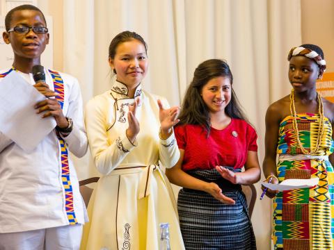 Justice Alor, Narangel Tsendbaatar, Olga Obac, Abigail Edeh - Young Leader Delegates at "It Takes A World" launch in Geneva, Switzerland