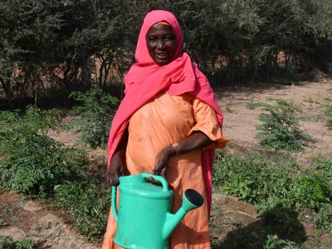 Haoua waters her garden