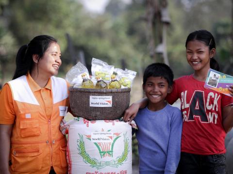 9Ny and her brother in Cambodia receive emergency food rations thanks to Child Sponsorship to help them get through COVID-19