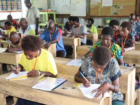 Teachers from Middle Ramu district during day 1 of Teacher Teacher Training at Annaberg Station in Middle  Ramu.