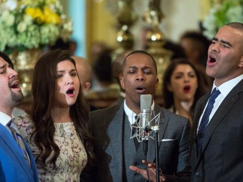 Hamilton Cast members perform musical selections at the White House, 2016. L–R: Lin-Manuel Miranda, Phillipa Soo, Leslie Odom Jr., and Christopher Jackson