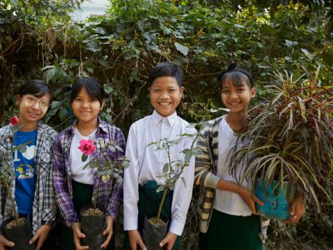 kids with plants in Burma 