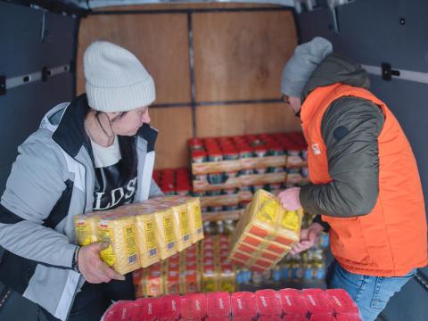 World Vision staff distribute food and supplies to hospital in ukraine
