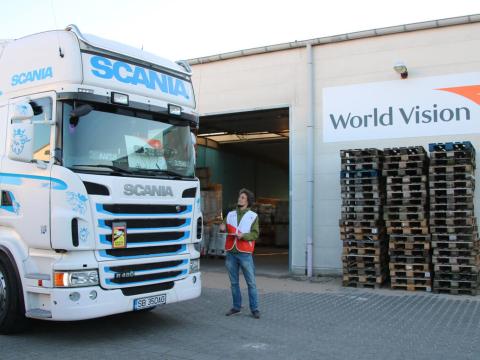 World Vision staff load a truck with supplies to support those affected by the crisis in Ukraine