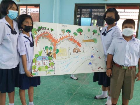 Sponsored children at Thong Pha Phum Project, Kanchanaburi, Central of Thailand present their map of risk areas and safe places