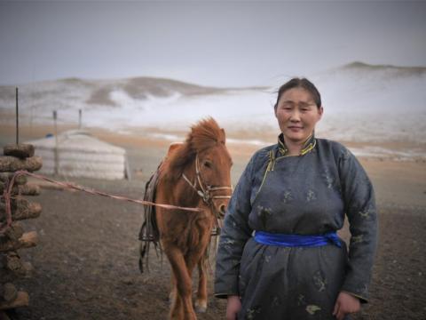 A Mongolian woman stands beside a horse with mountains in the distance 