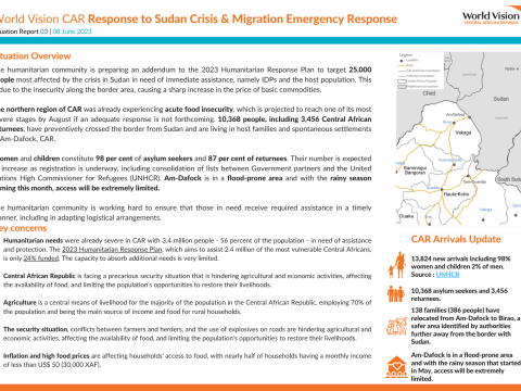 Situation Report 3_World Vision CAR Response to Sudan Crisis and Migration Emergency Response