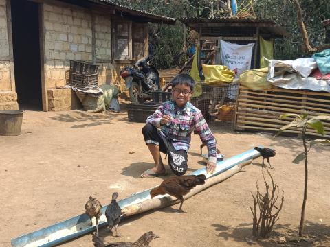 Kyaw helping household core by feeding chicken