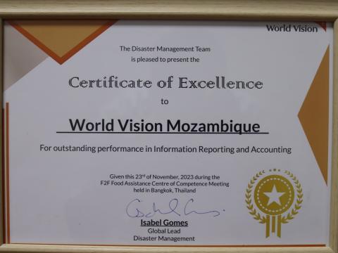 World Vision-Mozambique received a Certificate of Excellence 