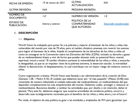 Enviornmental Stewardship Policy Cover Spanish