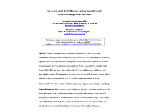 Far beyond a tool Do No Harm as spiritual (trans)formation for interfaith cooperation and action