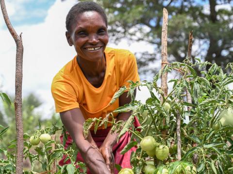 Woman tending to her vegetable garden, where she grows nutritious foods