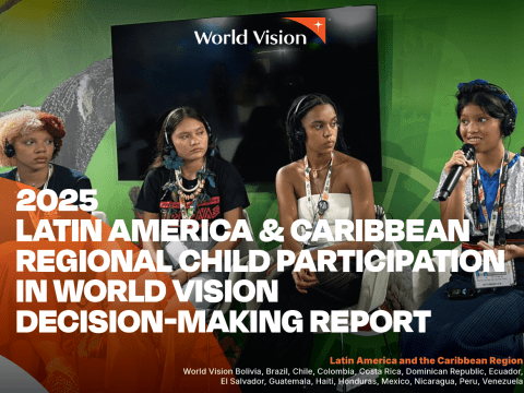 Young participants sit on a discussion panel at a World Vision event, with one participant speaking into a microphone. The image appears on the cover of the 2025 Latin America & Caribbean Regional Child Participation in World Vision Decision-Making Report.
