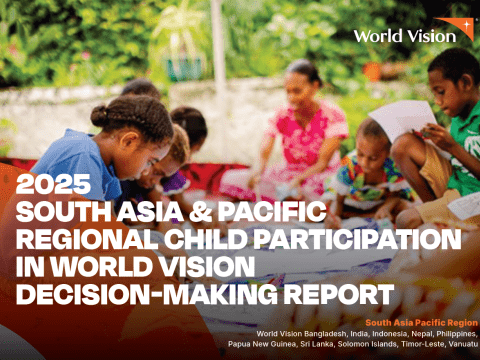 Children participate in an outdoor learning activity, sitting together and drawing or writing on large sheets of paper. The image appears on the cover of the 2025 South Asia & Pacific Regional Child Participation in World Vision Decision-Making Report.
