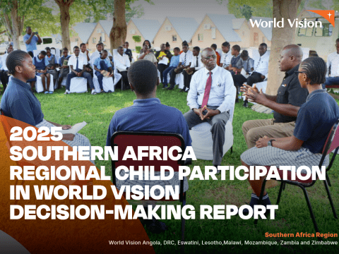Children and adults participate in a community dialogue outdoors, seated in a circle and discussing ideas together. The image appears on the cover of the 2025 Southern Africa Regional Child Participation in World Vision Decision-Making Report.