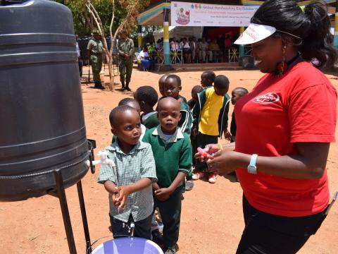 Children learning how to wash hands with water and soap so as to prevent diseases during the 2018 Global Handwashing Day national celebrations held in Kitui County, Kenya. ©2018 World Vision/ Photo by Hellen Owuor