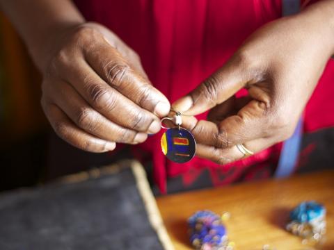 World Vision works with women and girl survivors of gender and sexually based violence in North and South Kivu, DRC Women make jewelry at a World Vision supported centre in Eastern DRC