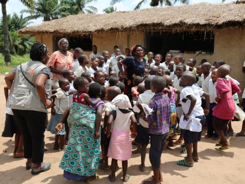 Bridget plays with children at the Child Friendly Space. Different activities for example soccer, sing and dancing are organised to keep the children happy and help them deal with negative thoughts