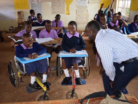 Isabella,13, from Western Kenya participates actively in class, thanks to the wheelchair that was donated to her by World Vision. ©2018 World Vision/Photo by Sarah Ooko