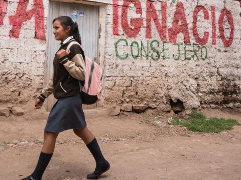 Former sponsored child Karen Yuliana Diaz Curo, 13, walks home from San Francisco de Asís High School School in Huanta, Peru. Former sponsored child Karen Yuliana Diaz Curo, 13, walks home from San Francisco de Asís High School School in Huanta, Peru.