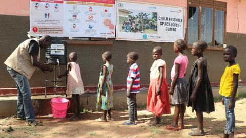Children in South Sudan learn to properly wash their hands to avoid dieases, including COVID-19